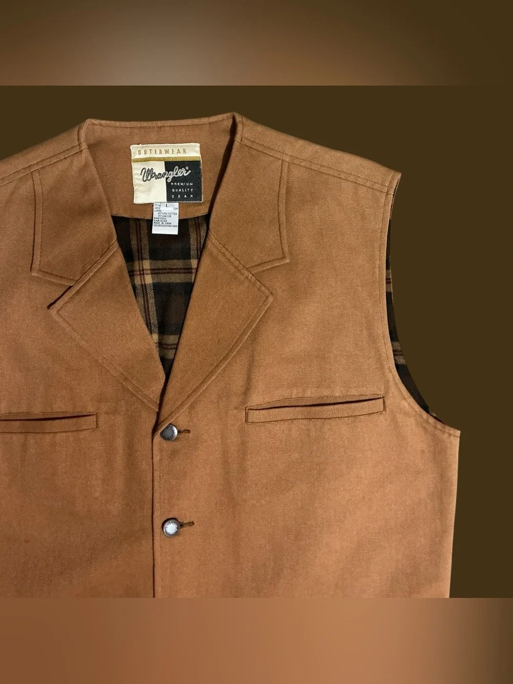 Vintage Wrangler Premium Quality Tan Plaid Lined Western Vest Large
